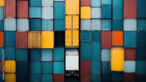 Image depicts an organized array of colorful shipping containers, primarily blue, yellow, and red, neatly stacked in a storage yard or shipping facility. photo