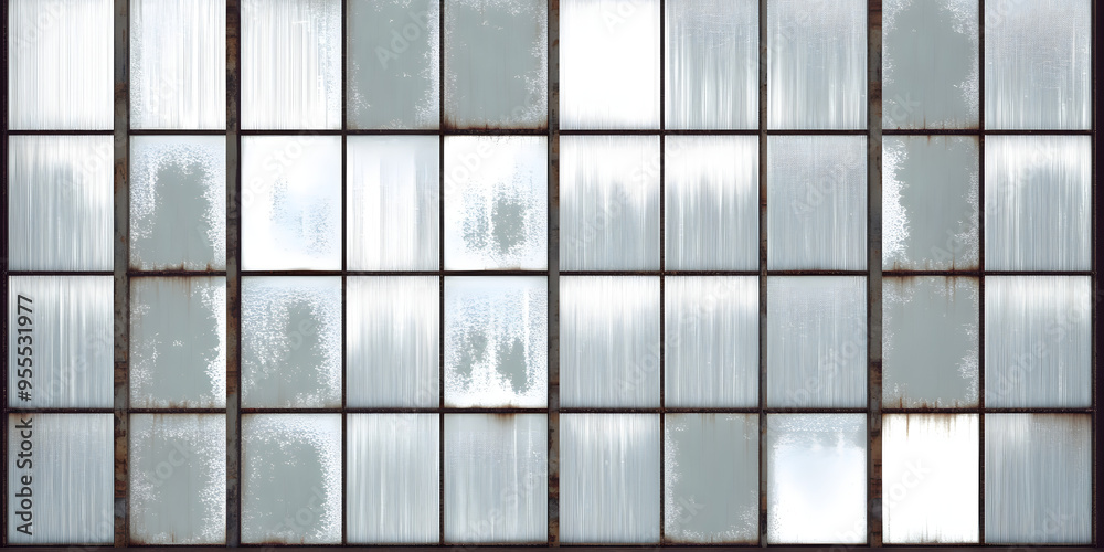 Seamless old abandoned warehouse or factory building facade backdrop. Transparent broken cracked industrial frosted glass windows texture. Large commercial urban windowpane background 3D rendering. Seamless old abandoned warehouse or factory building facade backdrop. Transparent broken cracked industrial frosted glass windows texture. Large commercial urban windowpane background 3D rendering.