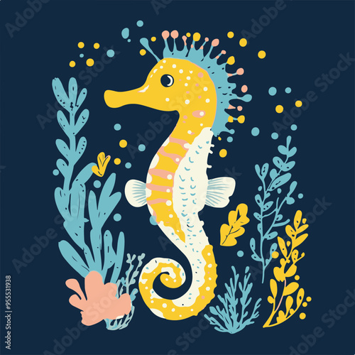Colorful Seahorse Surrounded by Plants and Bubbles
