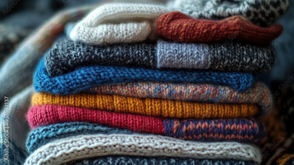 Vibrant Colorful Knitted Scarves Stack Textured Yarn Fashion Accessories Closeup Patterned Fabric Soft Cozy Winter Woolen Fashionable Style Knitwear Creative Background