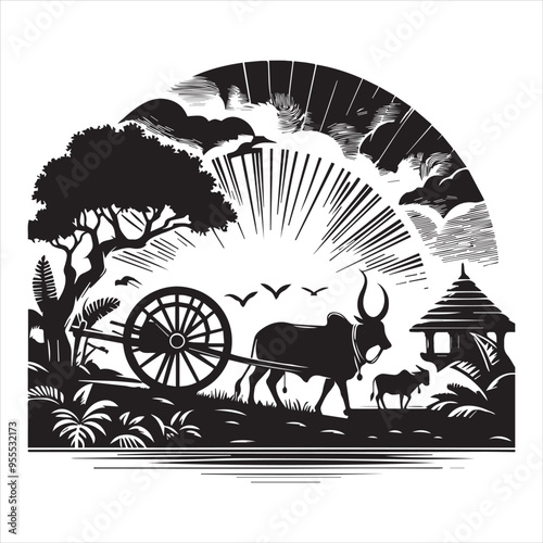 bullock cart wheel silhouette vector With White Background