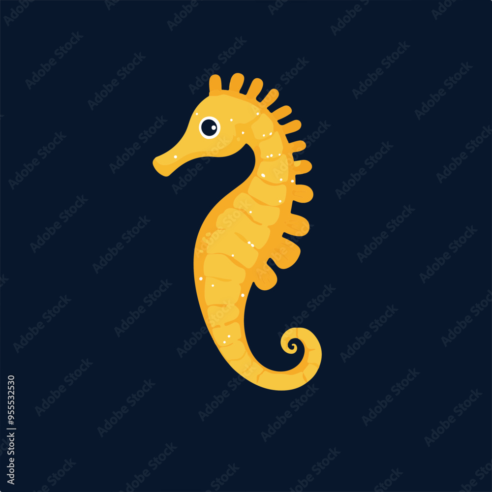 Fototapeta premium Cute Yellow Seahorse on Dark Ocean Background
