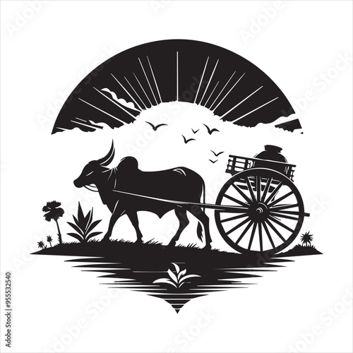 bullock cart wheel silhouette vector With White Background