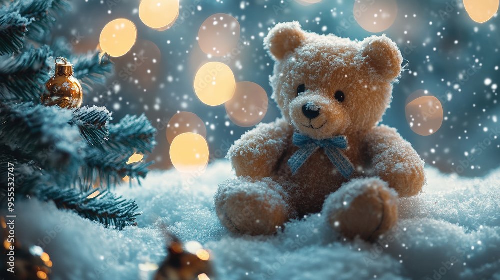 Cozy Christmas Scene with Teddy Bear by a Decorated Christmas Tree with Warm Lights and Snow, Capturing Holiday Spirit and Festive Atmosphere in Soft Evening Light Cozy Christmas Scene with Teddy Bear by a Decorated Christmas Tree with Warm Lights and Snow, Capturing Holiday Spirit and Festive Atmosphere in Soft Evening Light