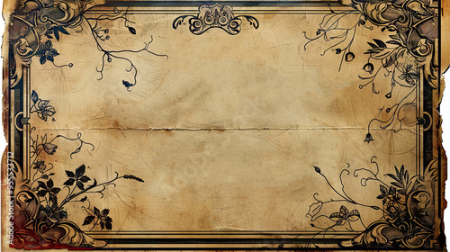 Vintage ornate paper with floral border, isolated on transparent background