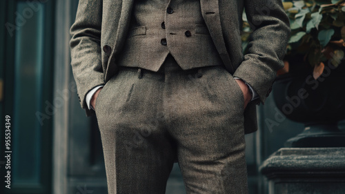 Wallpaper Mural Vintage Elegance: Dapper Gentleman in Three-Piece Suit, Classic Menswear Style, Outdoor Setting, Golden Hour Lighting for Fashion, Wedding, and Period Drama Imagery Torontodigital.ca