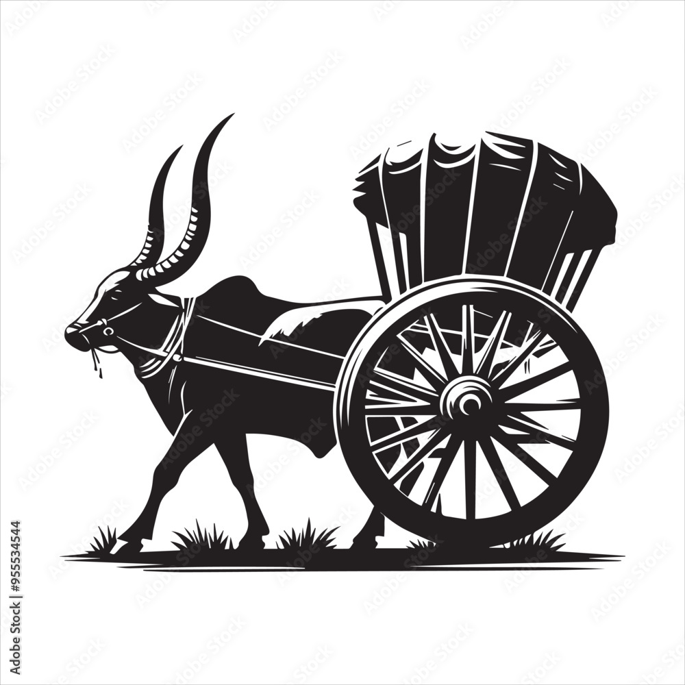 Fototapeta premium bullock cart wheel silhouette vector With White Background