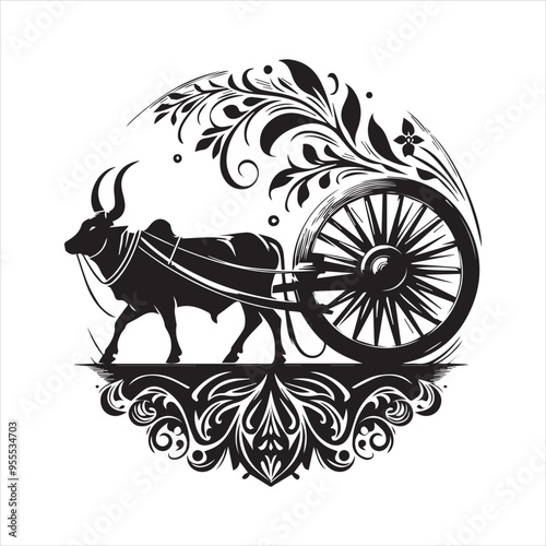 bullock cart wheel silhouette vector With White Background