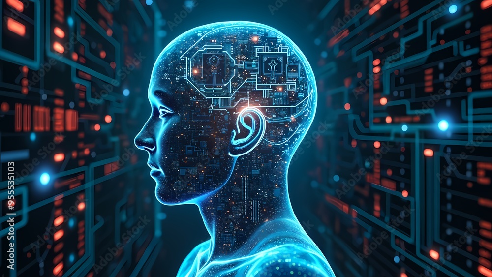 Semi-Transparent Digital Human Head with Glowing Circuits and Data Streams Semi-Transparent Digital Human Head with Glowing Circuits and Data Streams