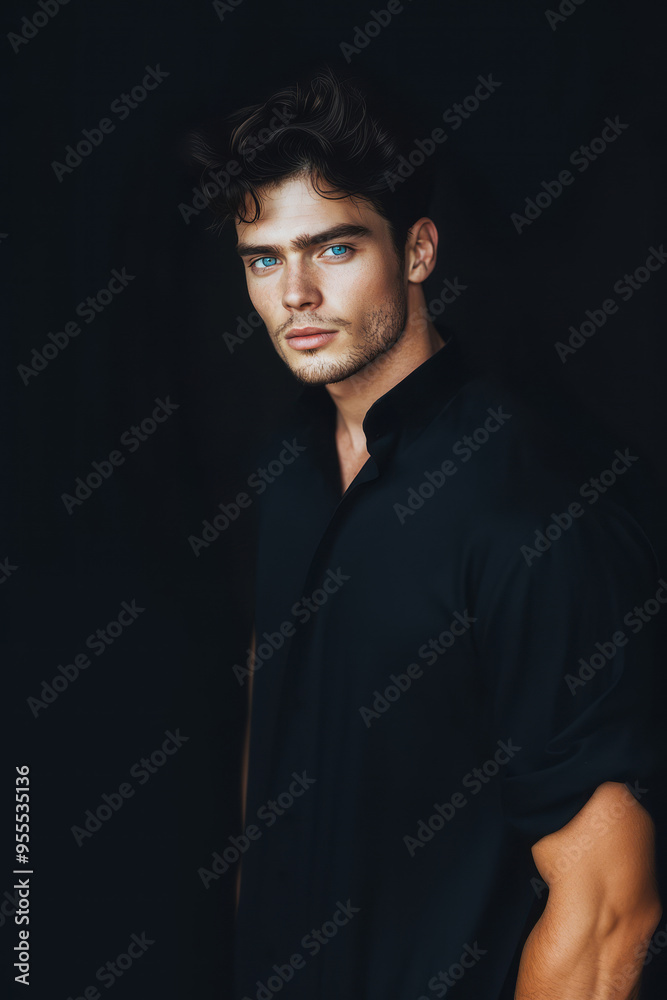 Handsome Man dressed in Black, Seductive Eyes, Generative AI Handsome Man dressed in Black, Seductive Eyes, Generative AI