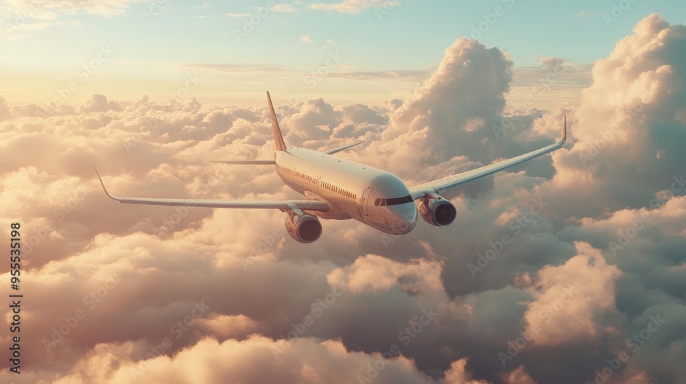 Air travel via a white passenger aircraft soaring in the sky with breathtaking clouds in the backdrop Air travel via a white passenger aircraft soaring in the sky with breathtaking clouds in the backdrop