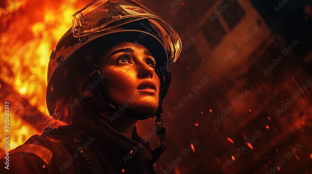 Close-Up of a Female Firefighter Facing Upwards Amidst Falling Embers Close-Up of a Female Firefighter Facing Upwards Amidst Falling Embers