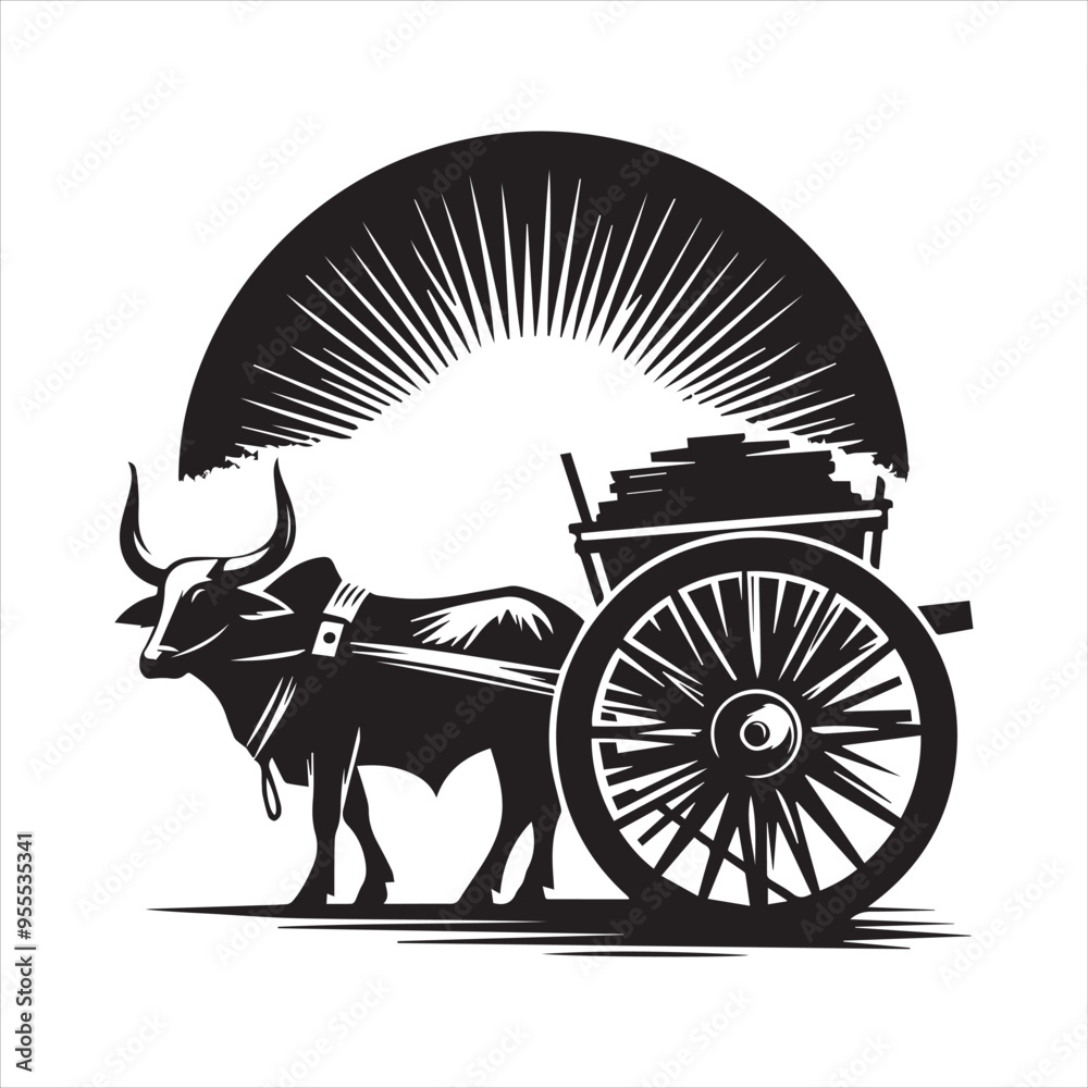 Fototapeta premium bullock cart wheel silhouette vector With White Background