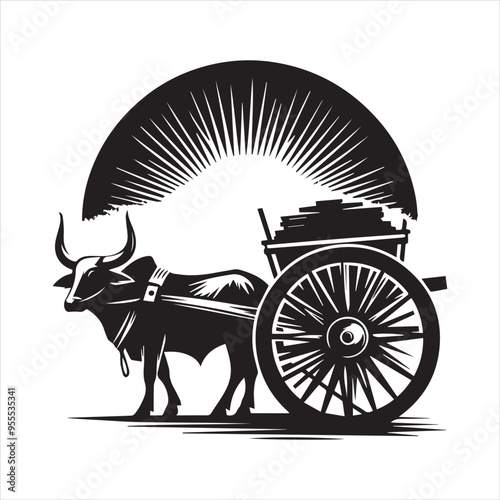 bullock cart wheel silhouette vector With White Background
