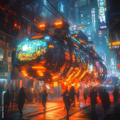 Mesmerizing Cyberpunk Inspired Halloween Parade with Holographic Floats and Neon Clad Costumed photo