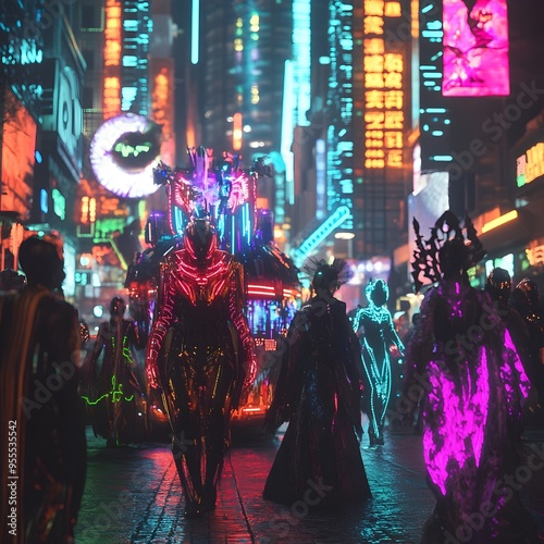 Mesmerizing Cyberpunk Inspired Halloween Parade with Holographic Floats and Neon Clad Revelers