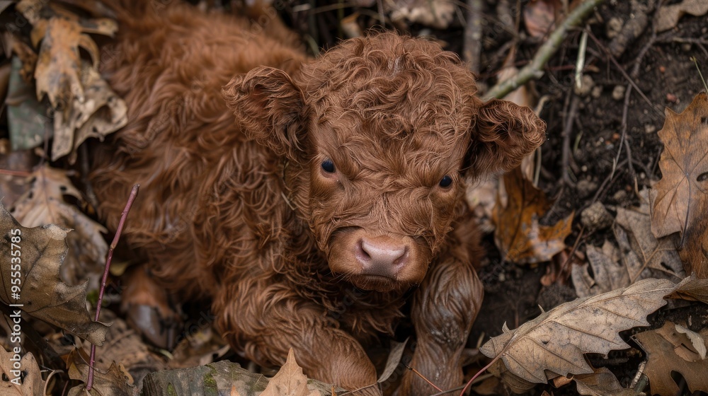 A cute baby calf hiding in a pile of autumn leaves A cute baby calf hiding in a pile of autumn leaves