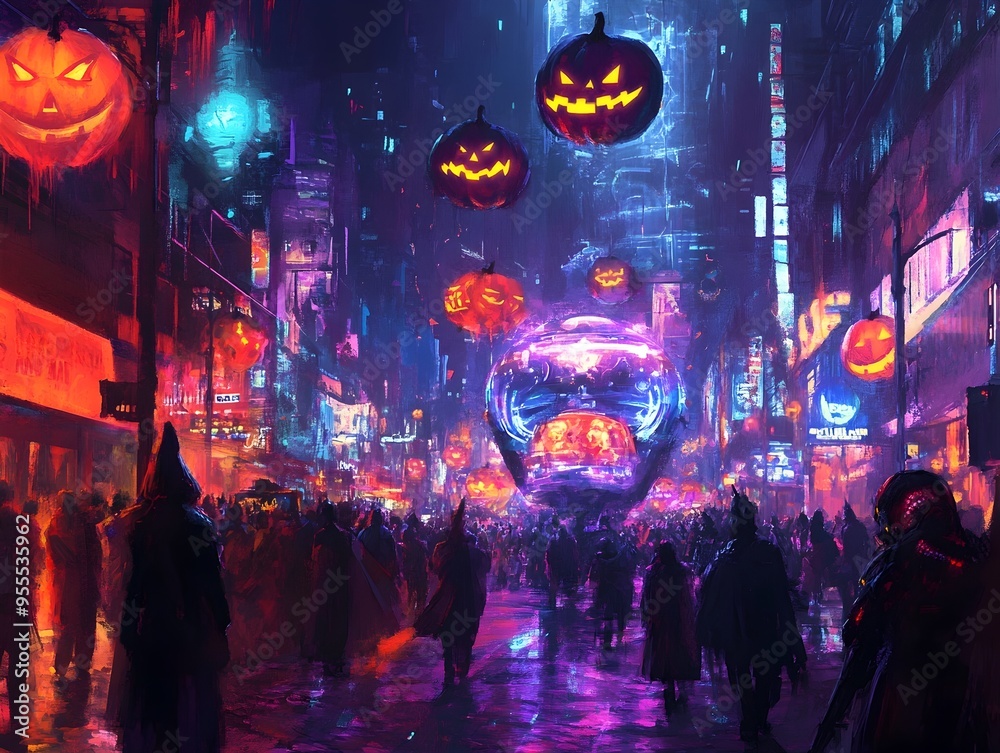 Vibrant Cyberpunk Inspired Parade with Glowing Neon Floats and Holographic Displays in a Dystopian Vibrant Cyberpunk Inspired Parade with Glowing Neon Floats and Holographic Displays in a Dystopian