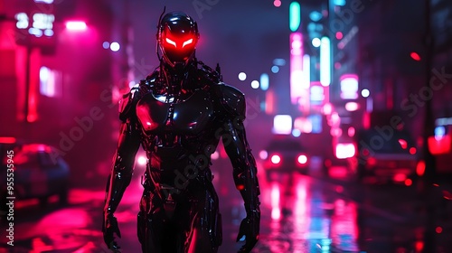 Cybernetically Enhanced Vampire Stalking Neon Lit Dystopian Streets on Halloween Night