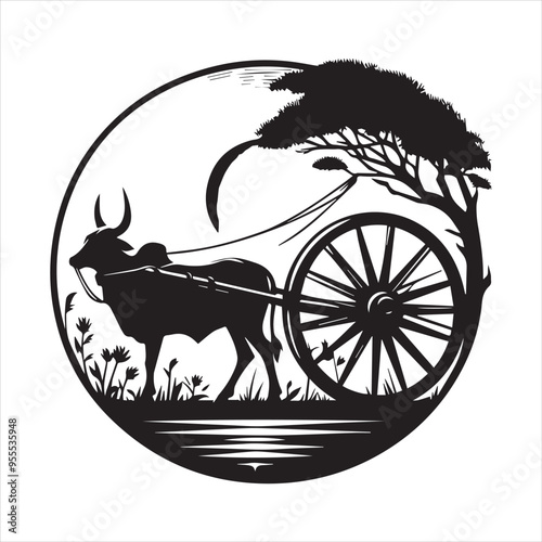 bullock cart wheel silhouette vector With White Background
