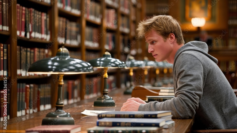 Young Man Studying in a Library Young Man Studying in a Library