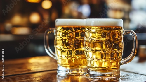 On a rustic bar table, two cold beers are being served in silence