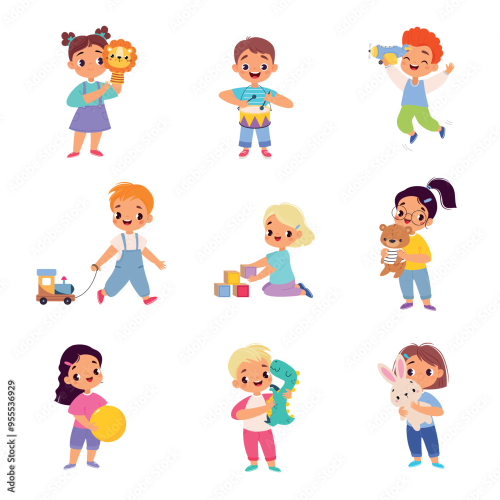 Kids Toys with Little Boy and Girl Playing Vector Set Kids Toys with Little Boy and Girl Playing Vector Set