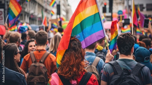 Pride Parade Crowd With Rainbow Flags