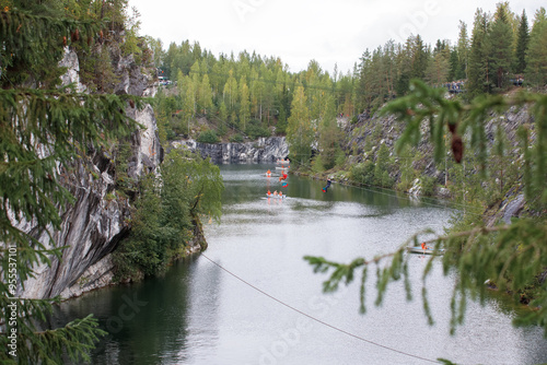 Ruskeala, Sortavala, Republic of Karelia, Russia - September 02, 2023: Zipline Marble quarry in Ruskeala Park.