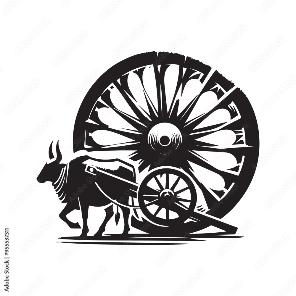 Fototapeta premium bullock cart wheel silhouette vector With White Background