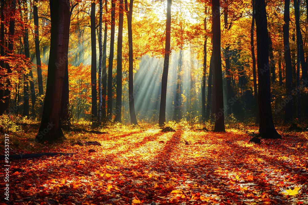 Obraz premium Sonnenstrahlen in Herbstwald