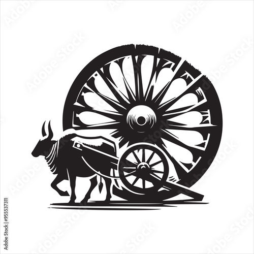 bullock cart wheel silhouette vector With White Background