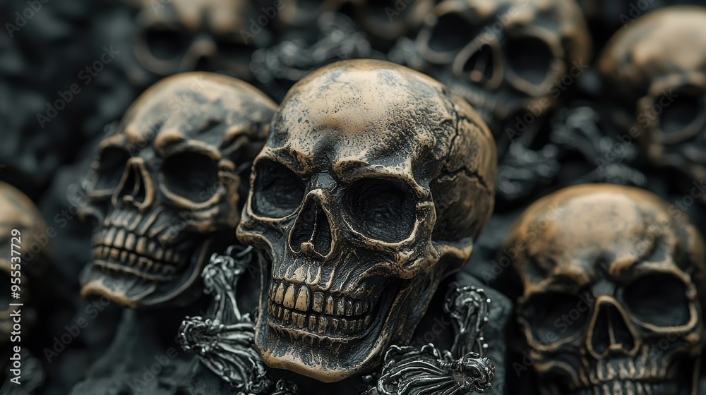 Close-Up of a Weathered Skull with Intricate Silver Details, Skull, Halloween, Death Close-Up of a Weathered Skull with Intricate Silver Details, Skull, Halloween, Death