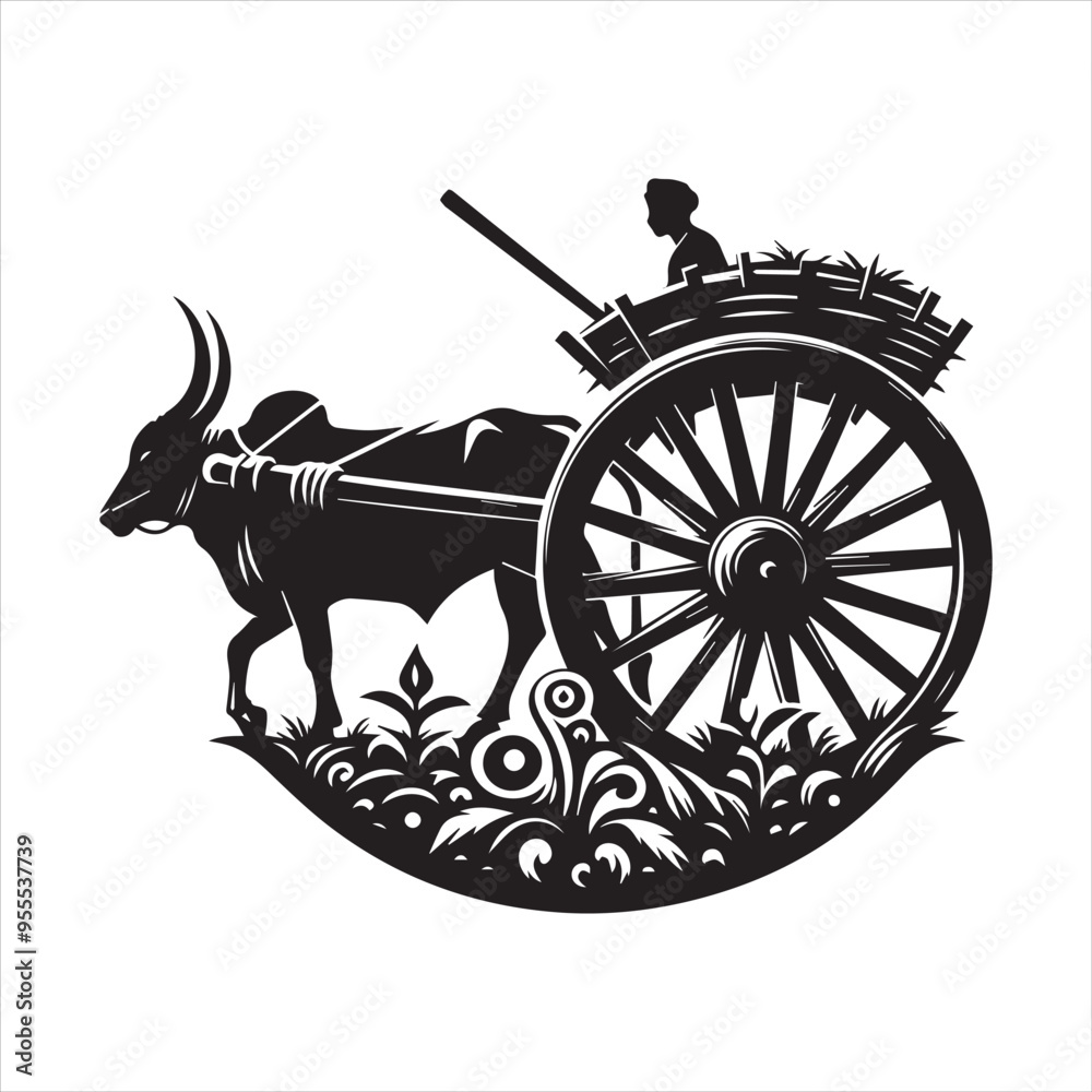Fototapeta premium bullock cart wheel silhouette vector With White Background