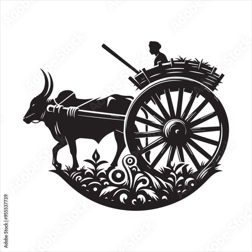 bullock cart wheel silhouette vector With White Background