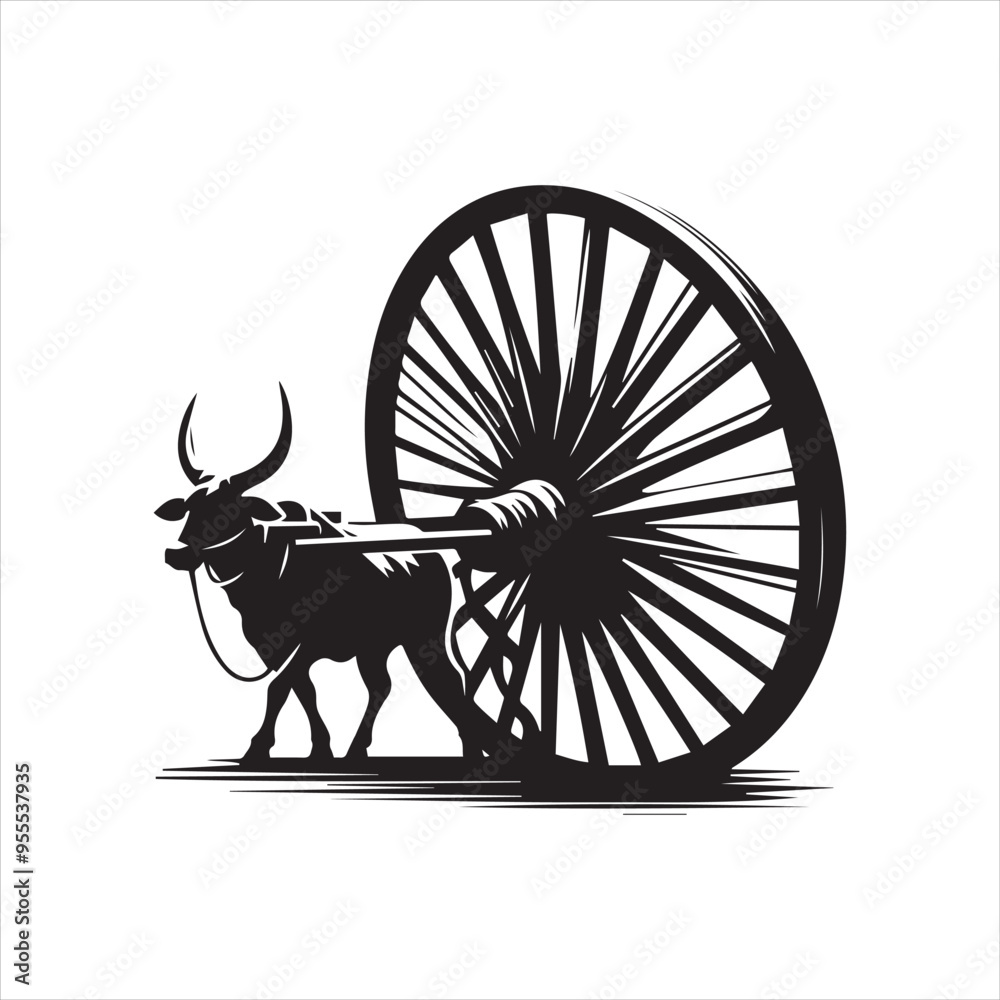 Fototapeta premium bullock cart wheel silhouette vector With White Background