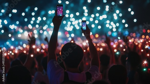 Many fun people lift hand up hold cell phone flash light. Fan crowd wave flashlights. Epic live music concert atmosphere. Big open air k pop arena. Cool night fest. Lot joy men hang out. Kpop chill.., photo