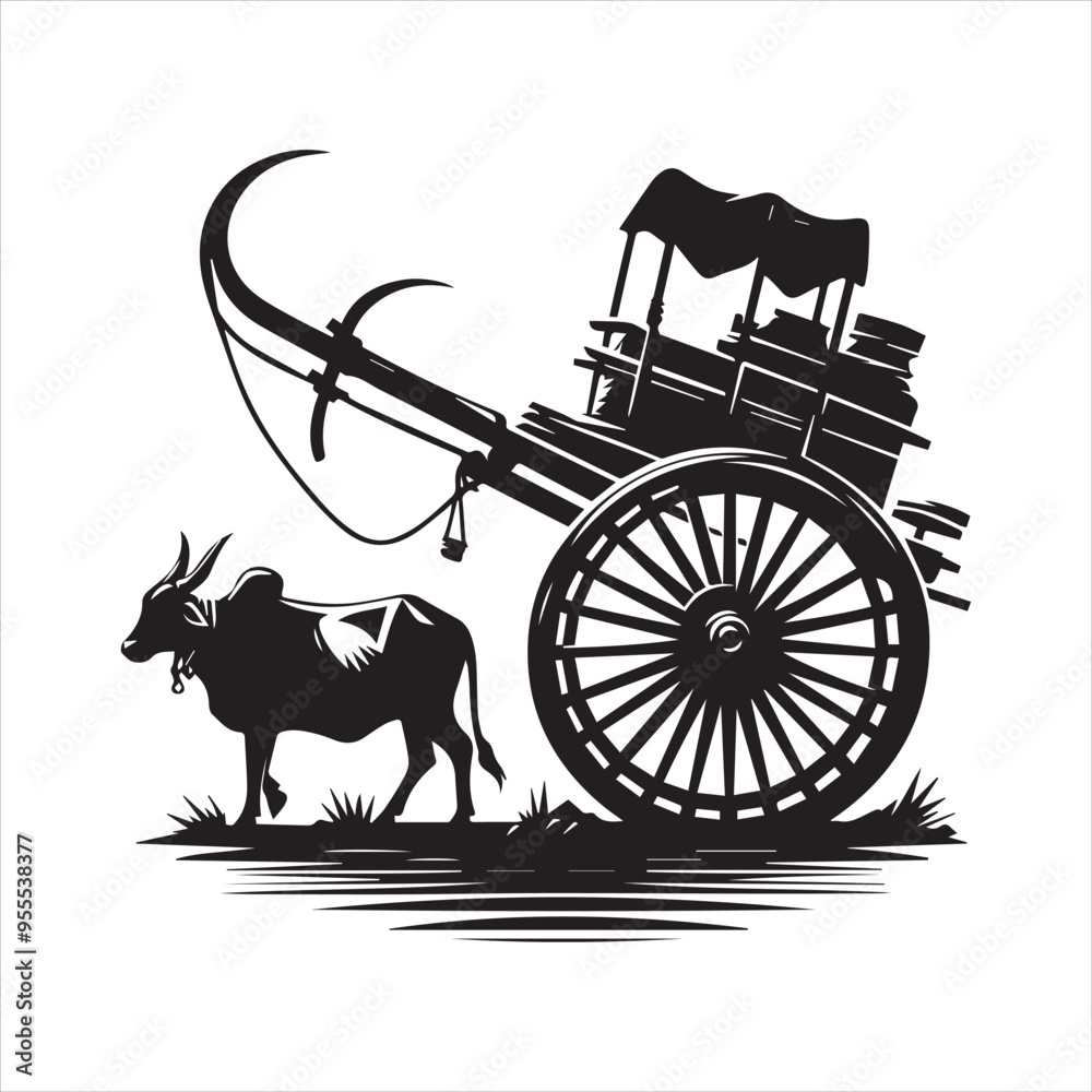 Fototapeta premium bullock cart wheel silhouette vector With White Background