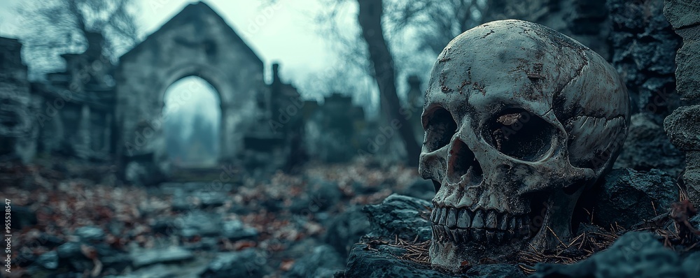 Fototapeta premium Forgotten Skull in Ruined Chapel, Ruins, Skull, Ghostly