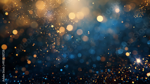 Abstract Background with Gold and Blue Bokeh Particles and Dark Navy Blue Foil Texture