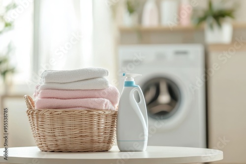 Cozy home scene pastel stack in woven basket with laundry detergent and blurred washing machine