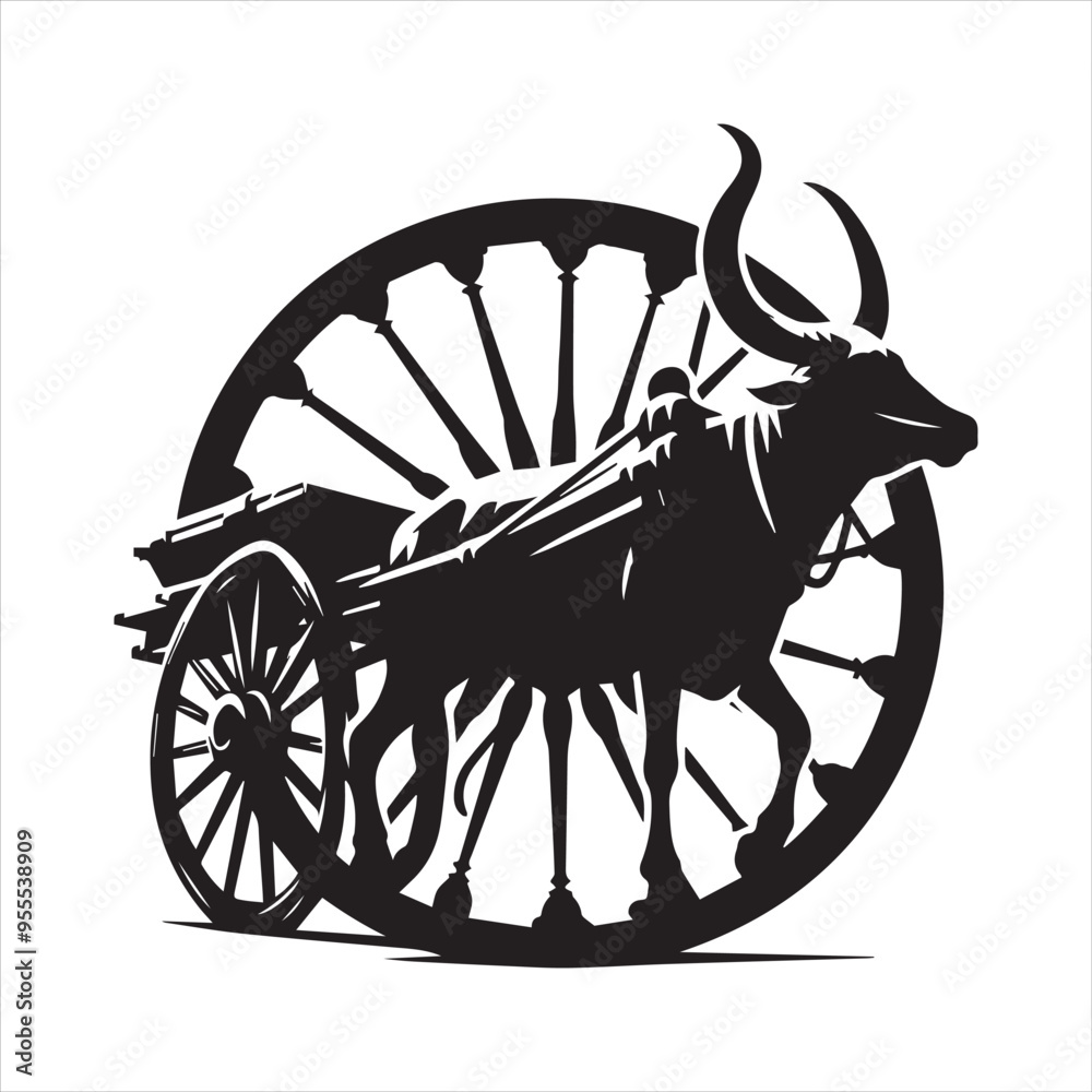 Fototapeta premium bullock cart wheel silhouette vector With White Background