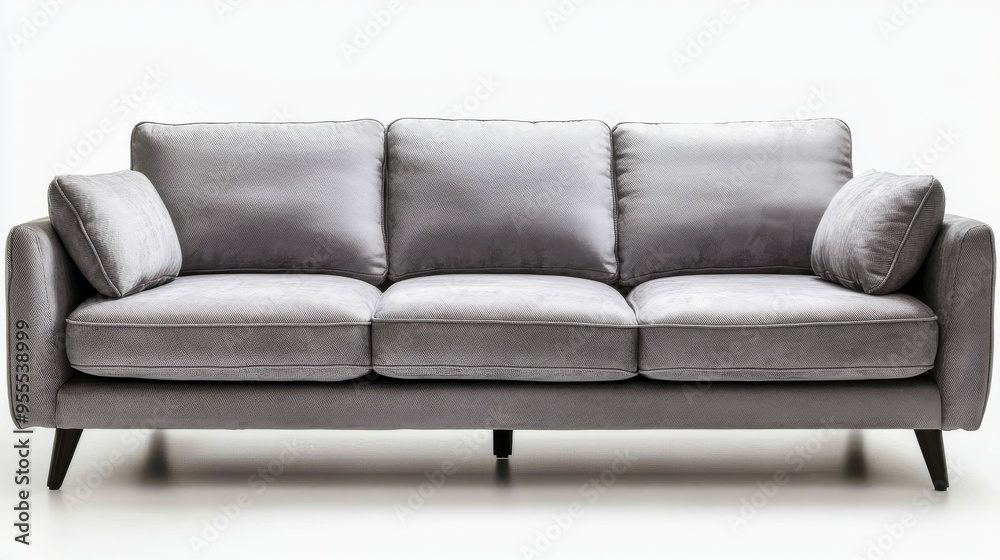 Gray Fabric Sofa with Pillows on a White Background, Furniture, Interior Design, Home Decor Gray Fabric Sofa with Pillows on a White Background, Furniture, Interior Design, Home Decor