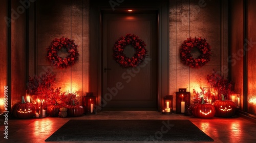 Halloween Doorway with Jack-O-Lanterns and Red Wreaths, 3D Render, Door, Pumpkin, Candles, Halloween Decor, Halloween Entrance