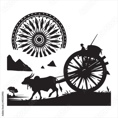 bullock cart wheel silhouette vector With White Background