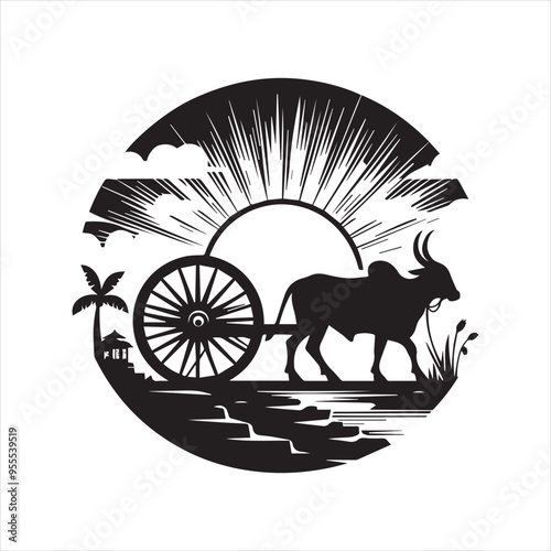 bullock cart wheel silhouette vector With White Background