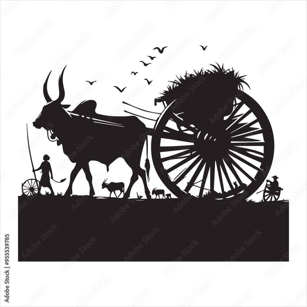 Fototapeta premium bullock cart wheel silhouette vector With White Background