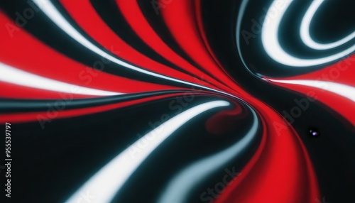 Abstract swirling pattern with red, white, and black lines on a dark background.