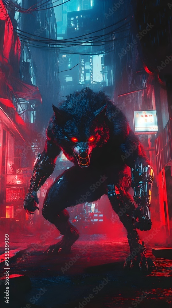 Obraz premium Genetically Enhanced Werewolf Stalks Neon Lit Metropolis on Halloween Night