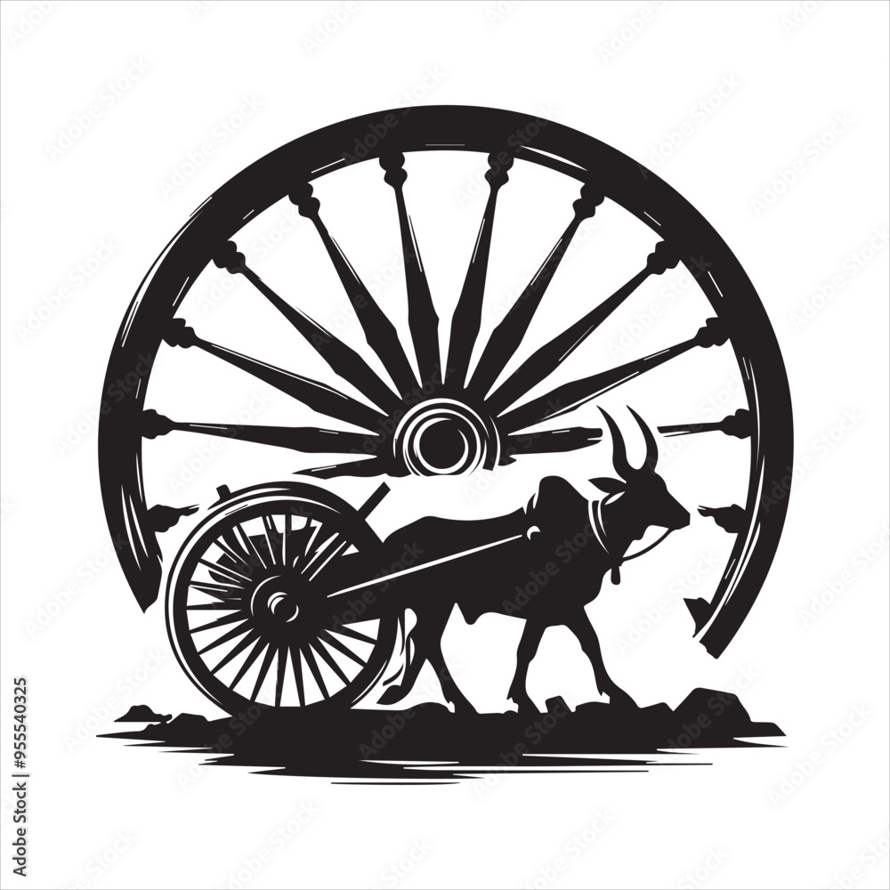 Fototapeta premium bullock cart wheel silhouette vector With White Background